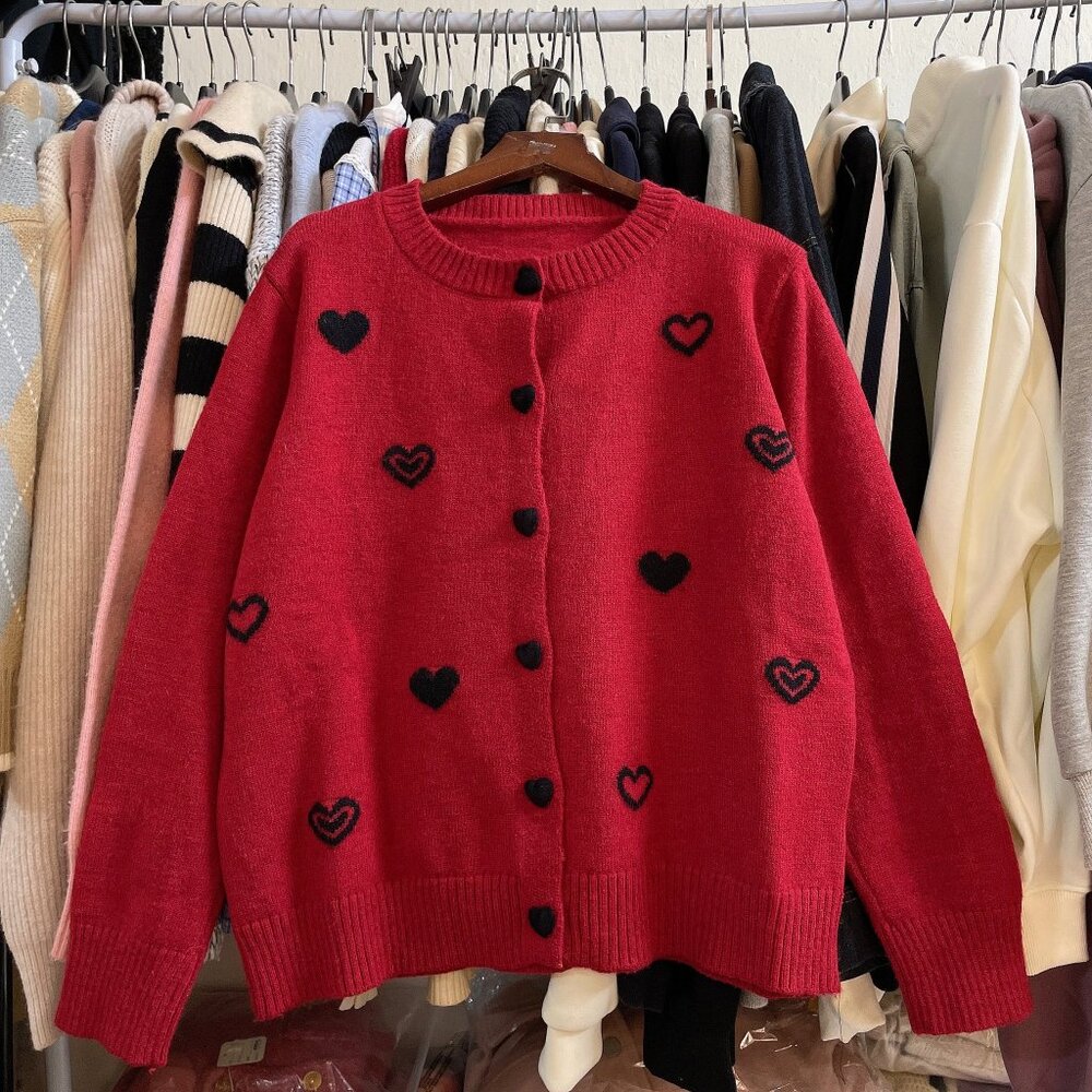 Cute Red Cardigan Black Heart Embroidered